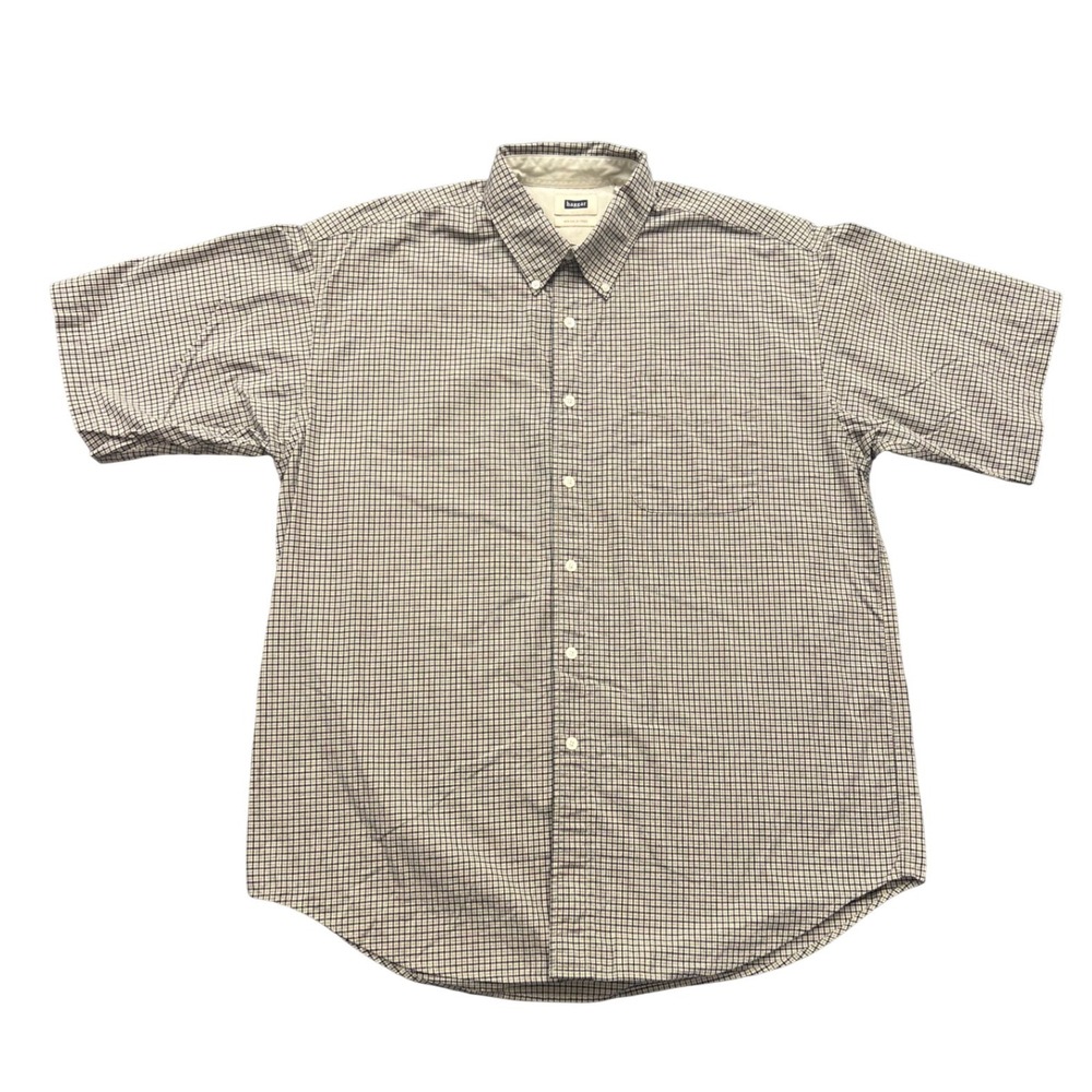 Haggar Button Down Shirt Large‎ Tan Navy Check Wrinkle Free Cotton Short Sleeve